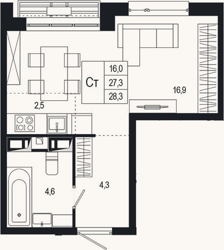 Планировка: Студия, 28,3 м²