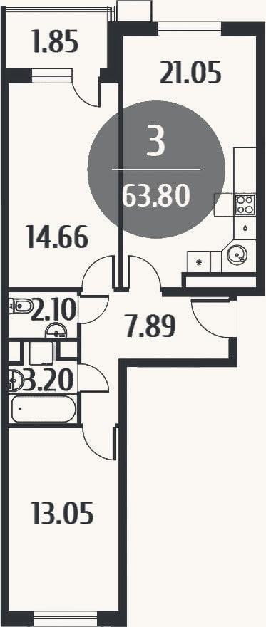 Планировка: 3-к, 61,9 м²