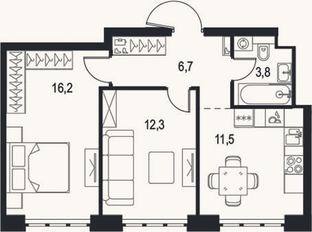 Планировка: 2-к, 50,5 м²