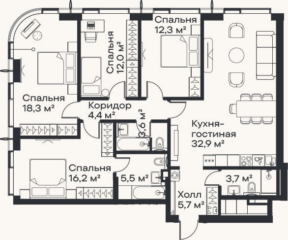 Планировка: 4+ к, 114,6 м²