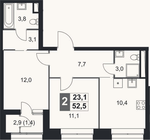 Планировка: 2-к, 51,1 м²