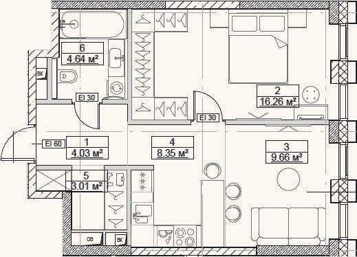 Планировка: 2-к, 46 м²
