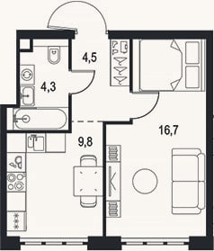 Планировка: 1-к, 35,3 м²