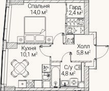 Планировка: 1-к, 37,1 м²