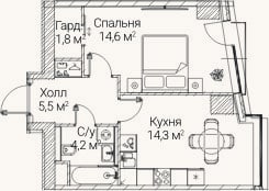 Планировка: 1-к, 40,5 м²