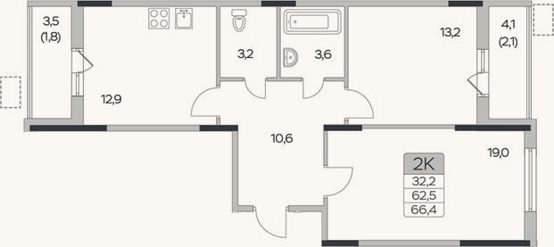 Планировка: 2-к, 62,5 м²