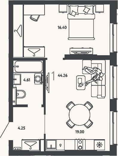 Планировка: 1-к, 44,3 м²