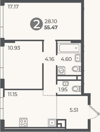 Планировка: 2-к, 55,5 м²