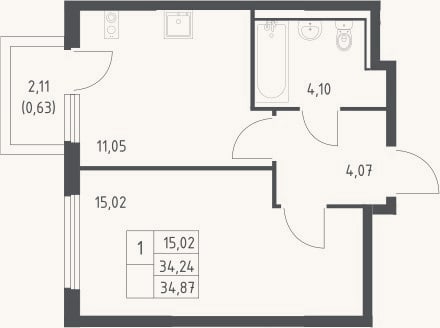 Планировка: 1-к, 34,2 м²