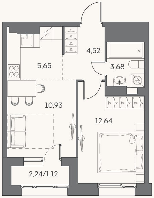 Планировка: 2-к, 37,4 м²