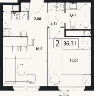 Планировка: 2-к, 36,3 м²