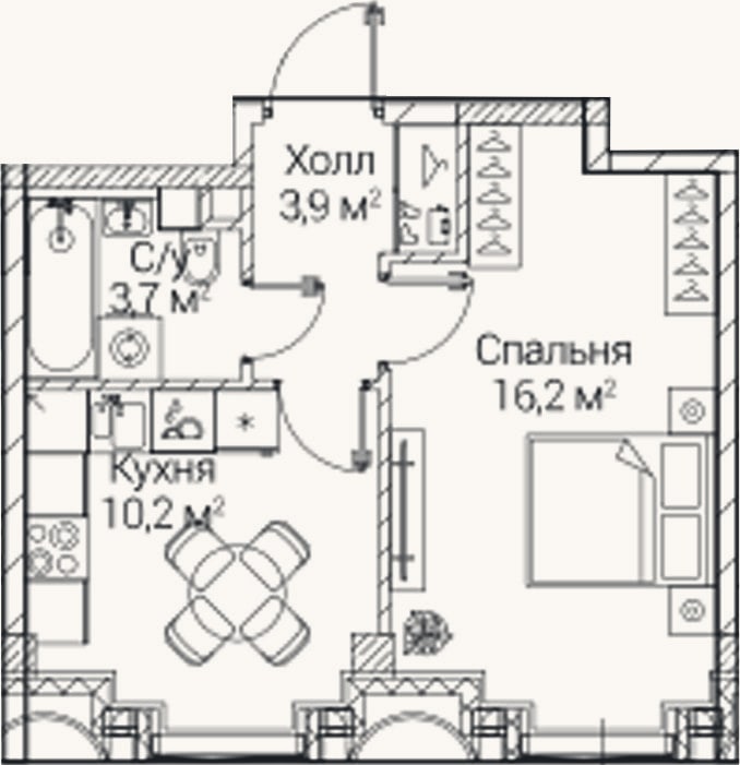 Планировка: 1-к, 34 м²