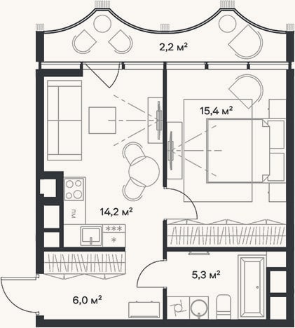 Планировка: 2-к, 40,9 м²