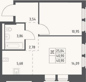 Планировка: 2-к, 40,9 м²