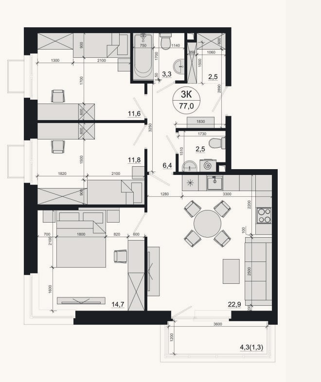 Планировка: 3-к, 73,8 м²