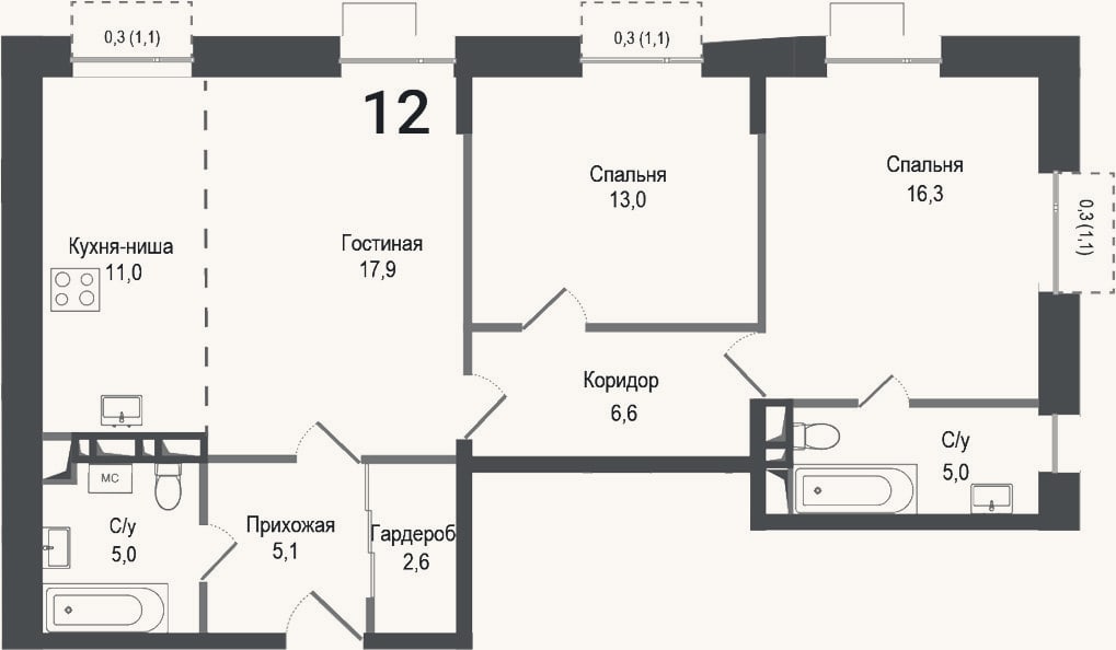 Планировка: 3-к, 82,5 м²