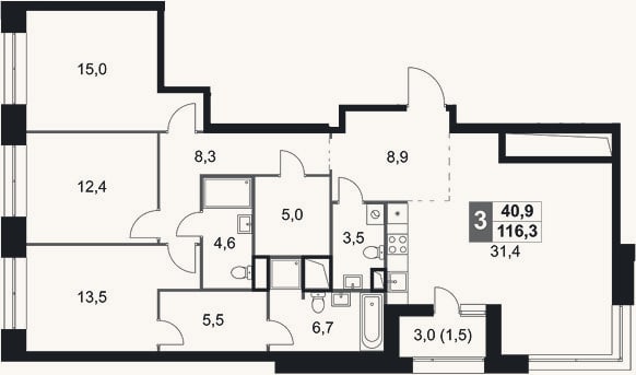 Планировка: 4+ к, 114,8 м²