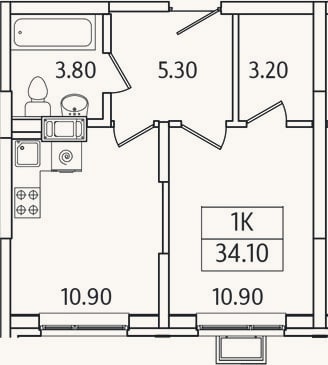 Планировка: 1-к, 34,1 м²
