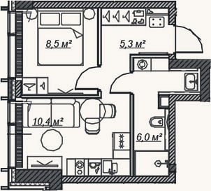 Планировка: 2-к, 30,2 м²