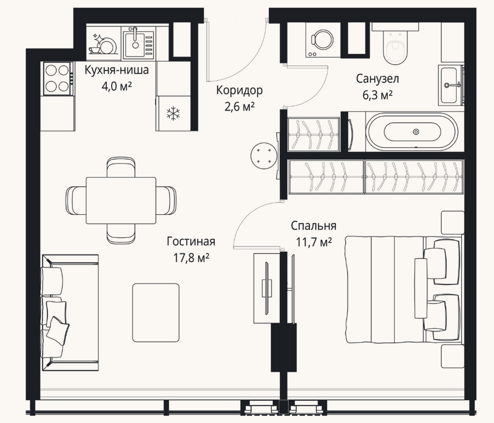 Планировка: 2-к, 42,4 м²