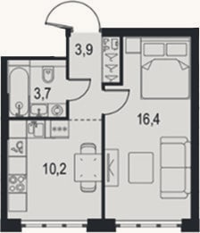 Планировка: 1-к, 34,2 м²