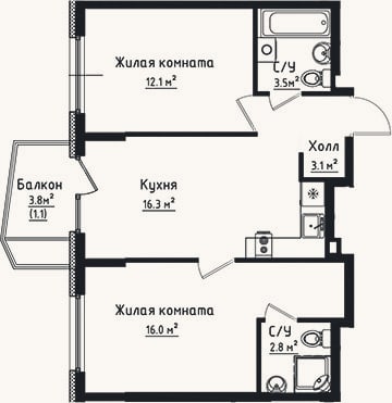 Планировка: 2-к, 53,8 м²