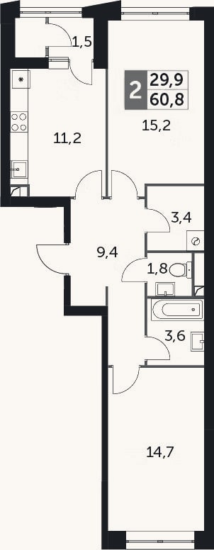 Планировка: 2-к, 59,3 м²