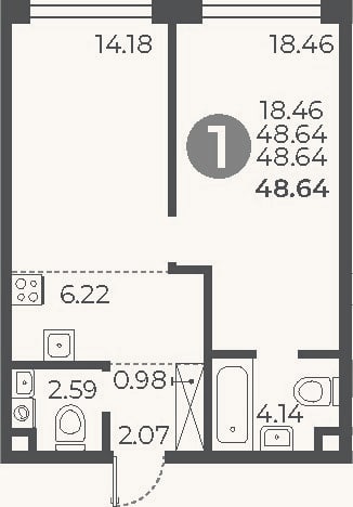 Планировка: 1-к, 48,6 м²