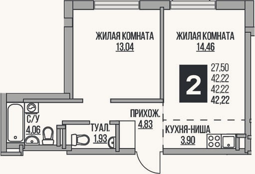 Планировка: 2-к, 42,2 м²