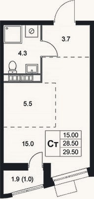Планировка: Студия, 28,5 м²