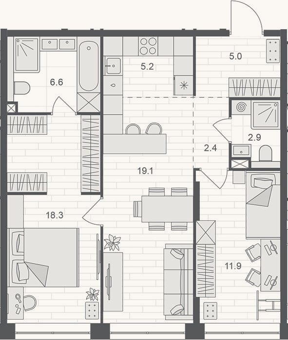 Планировка: 3-к, 71,4 м²
