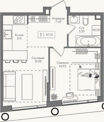 Планировка: 2-к, 47,2 м²