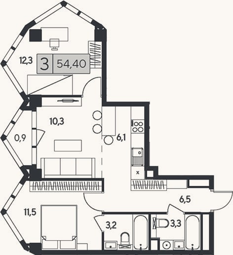 Планировка: 3-к, 53,5 м²