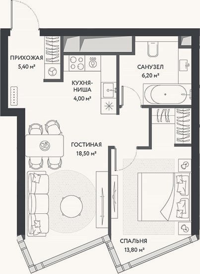 Планировка: 2-к, 47,9 м²
