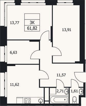 Планировка: 3-к, 61,8 м²