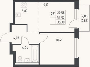 Планировка: 2-к, 34,5 м²
