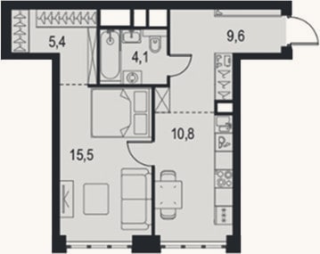 Планировка: 1-к, 45,4 м²