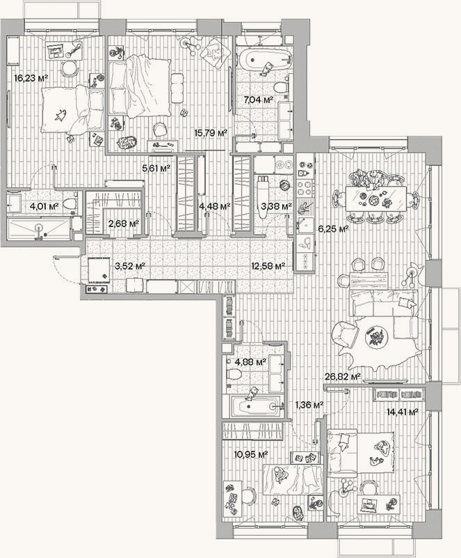 Планировка: 4+ к, 140 м²