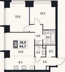 Планировка: 3-к, 64,7 м²