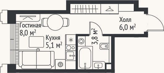 Планировка: Студия, 22,9 м²