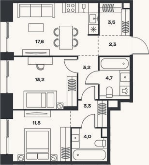 Планировка: 3-к, 63,6 м²