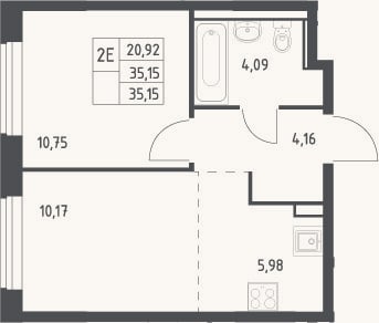 Планировка: 2-к, 35,2 м²