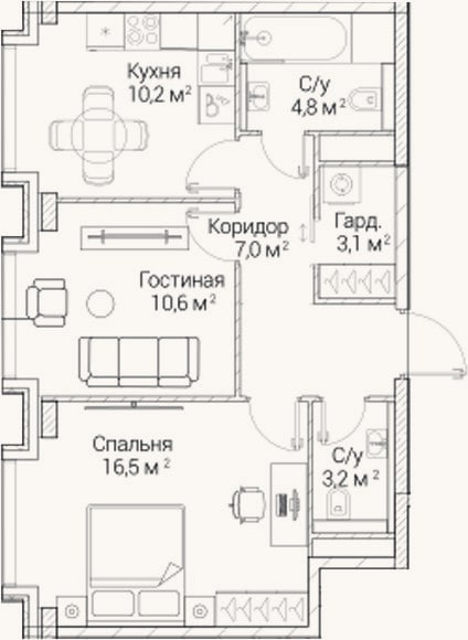 Планировка: 2-к, 55,4 м²