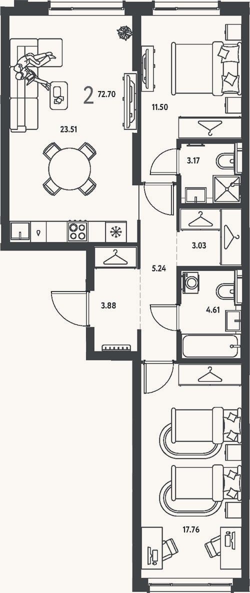 Планировка: 2-к, 72,7 м²
