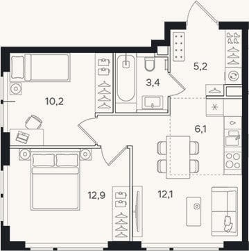 Планировка: 3-к, 49,9 м²