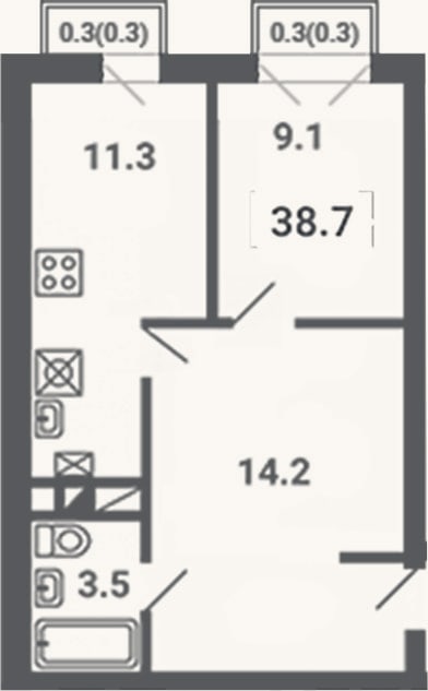 Планировка: 1-к, 38,1 м²