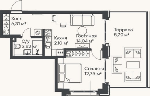 Планировка: 2-к, 39 м²