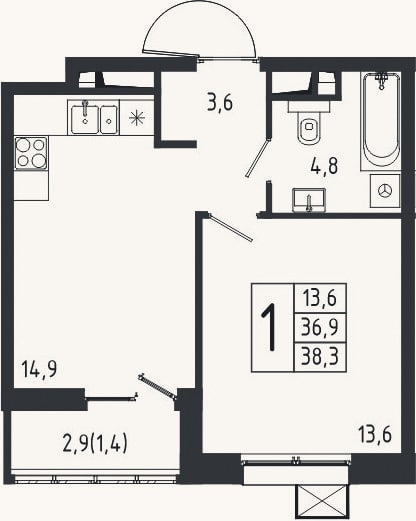 Планировка: 1-к, 36,9 м²