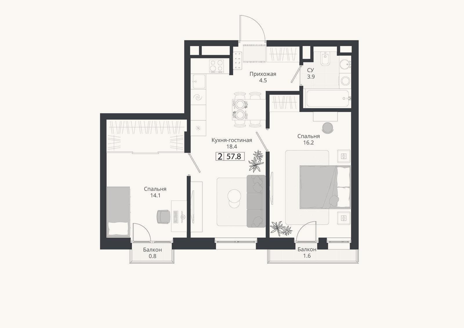 Планировка: 3-к, 57,1 м²