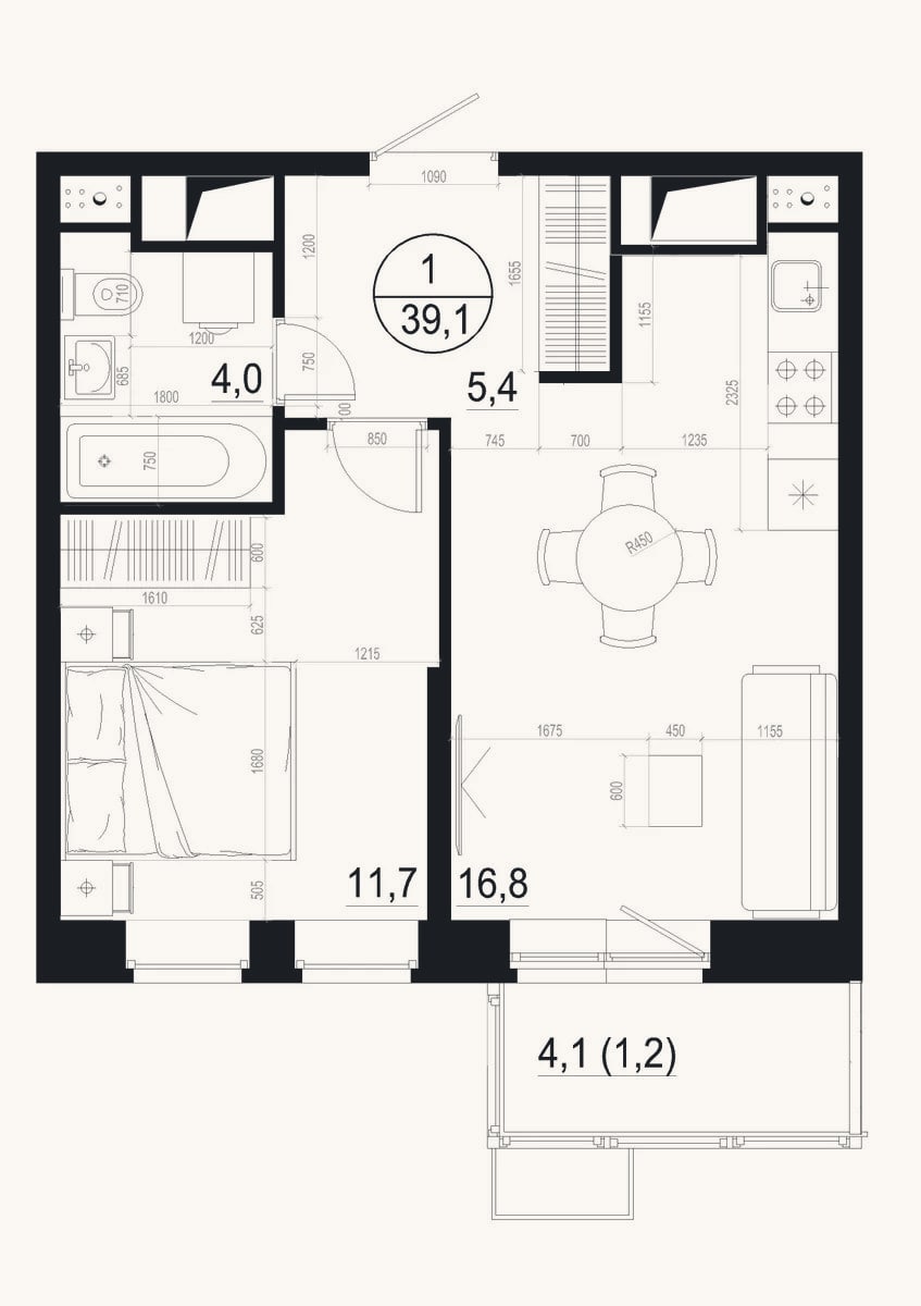 Планировка: 1-к, 37,9 м²